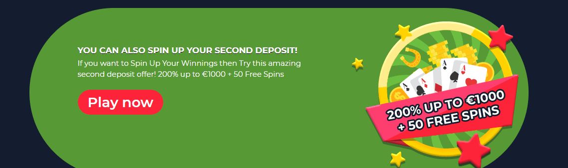 Ottieni 200% sul secondo deposito con giri gratis SpinUp